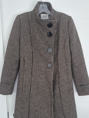 cleo Taupe Houndstooth Pea Coat with Black Buttons